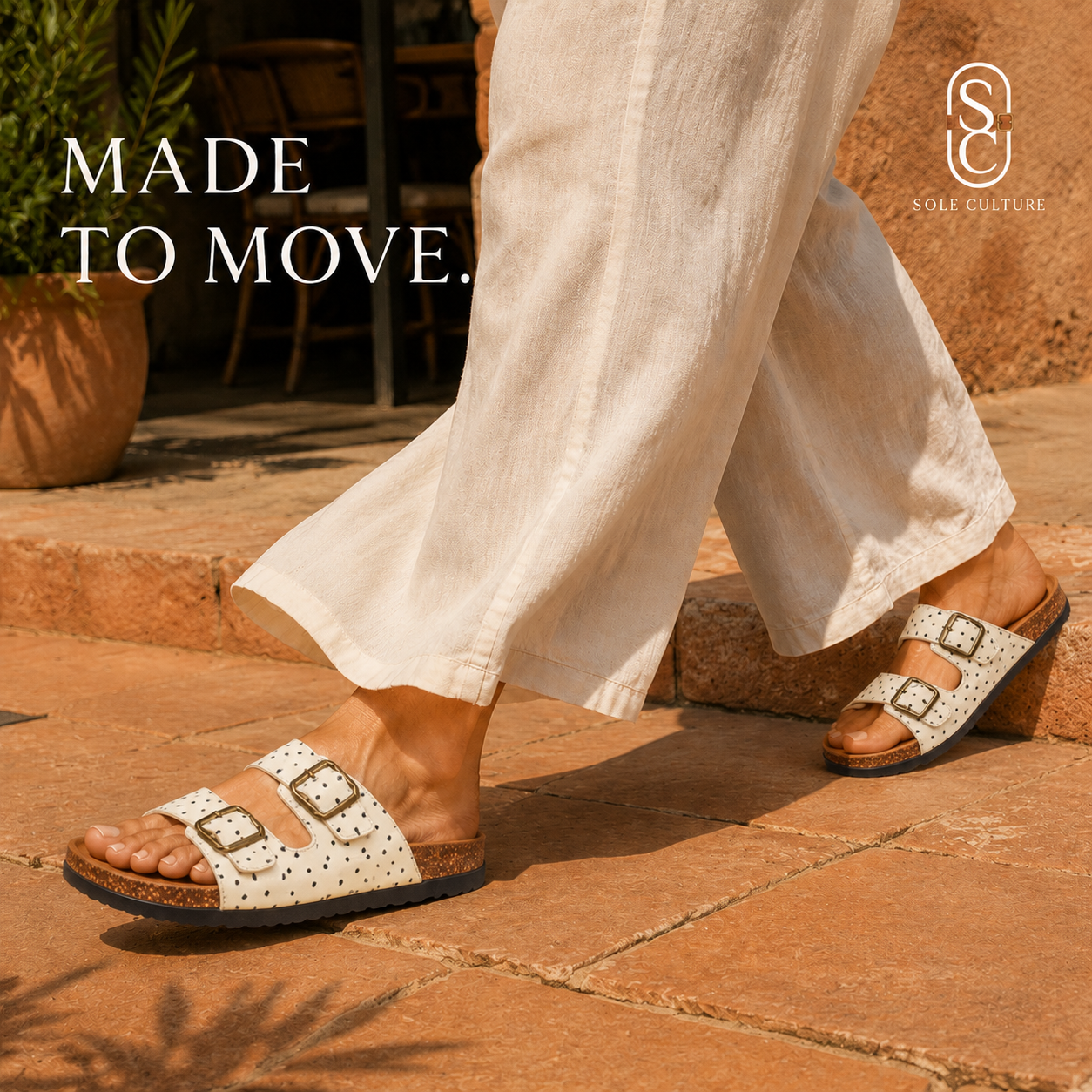 Sole Culture Made to Move campaign featuring the Dot and Dune off-white sandal