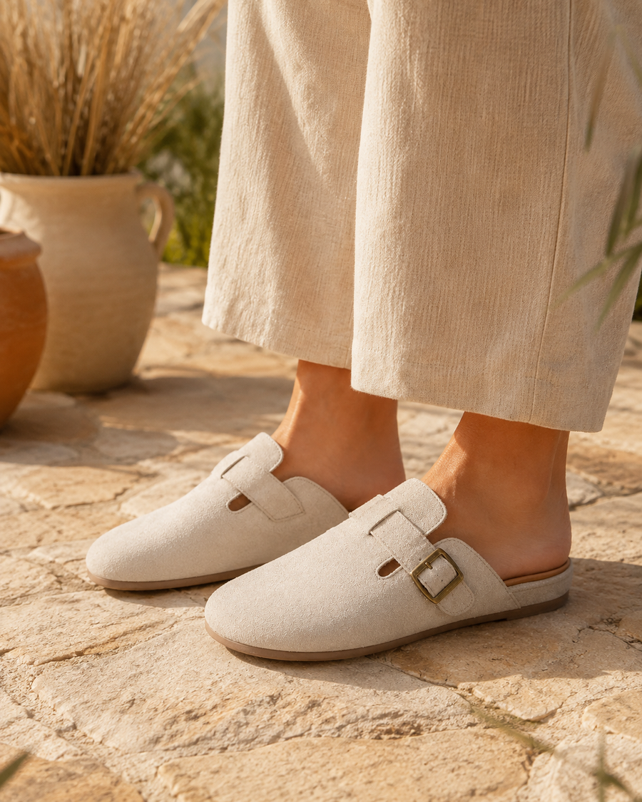 Namaqua Ivory Buckle Clog — lifestyle view