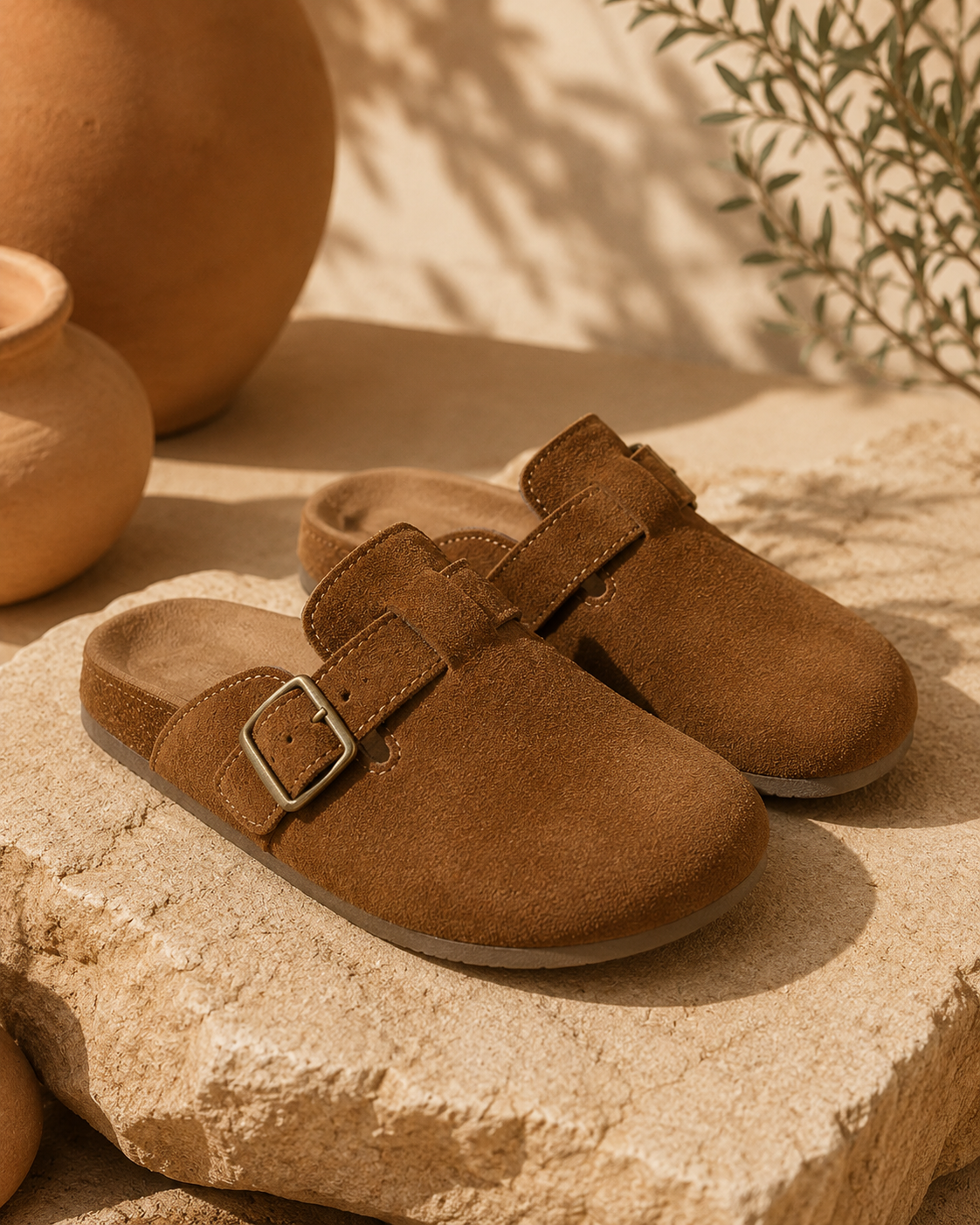 Rooibos Trail Buckle Clog — styled pair view