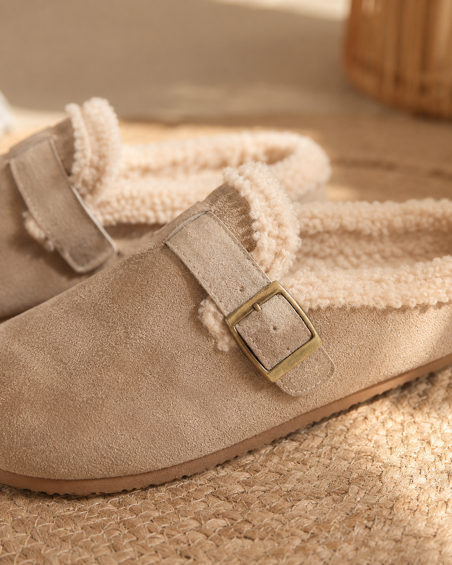 Hogsback Sherpa Buckle Clog — styled pair view