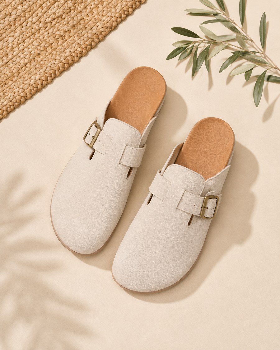 Namaqua Ivory Buckle Clog — styled pair view