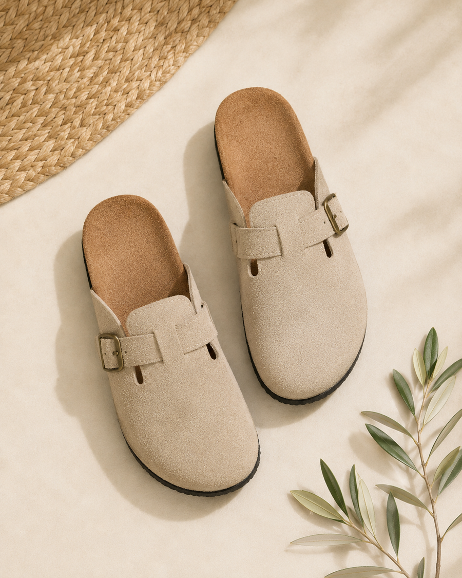 Kogelberg Sand Buckle Clog — styled pair view