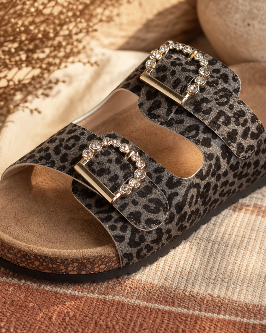 Slate Leopard Crystal Sandal — detail view