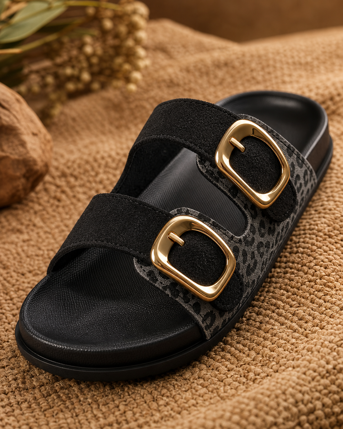 Safari Gold Double-Buckle Sandal — Black — detail view