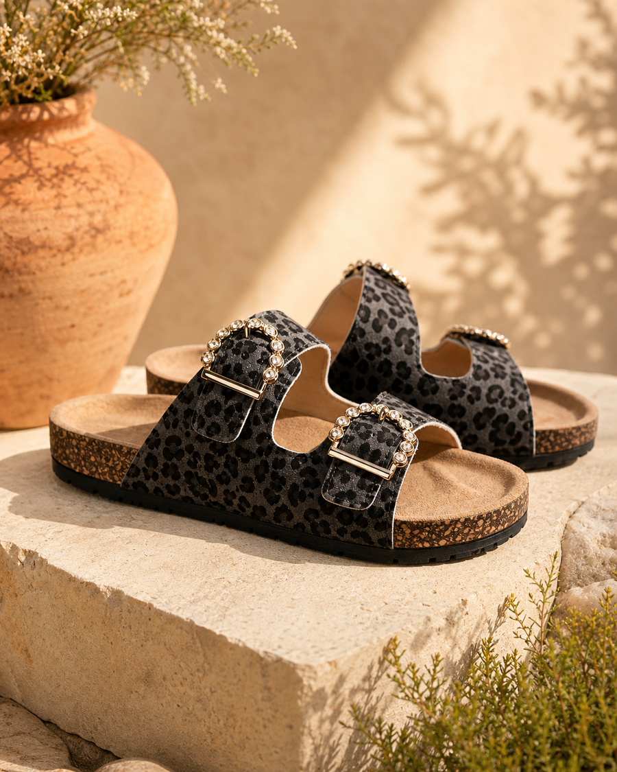 Slate Leopard Crystal Sandal — studio view