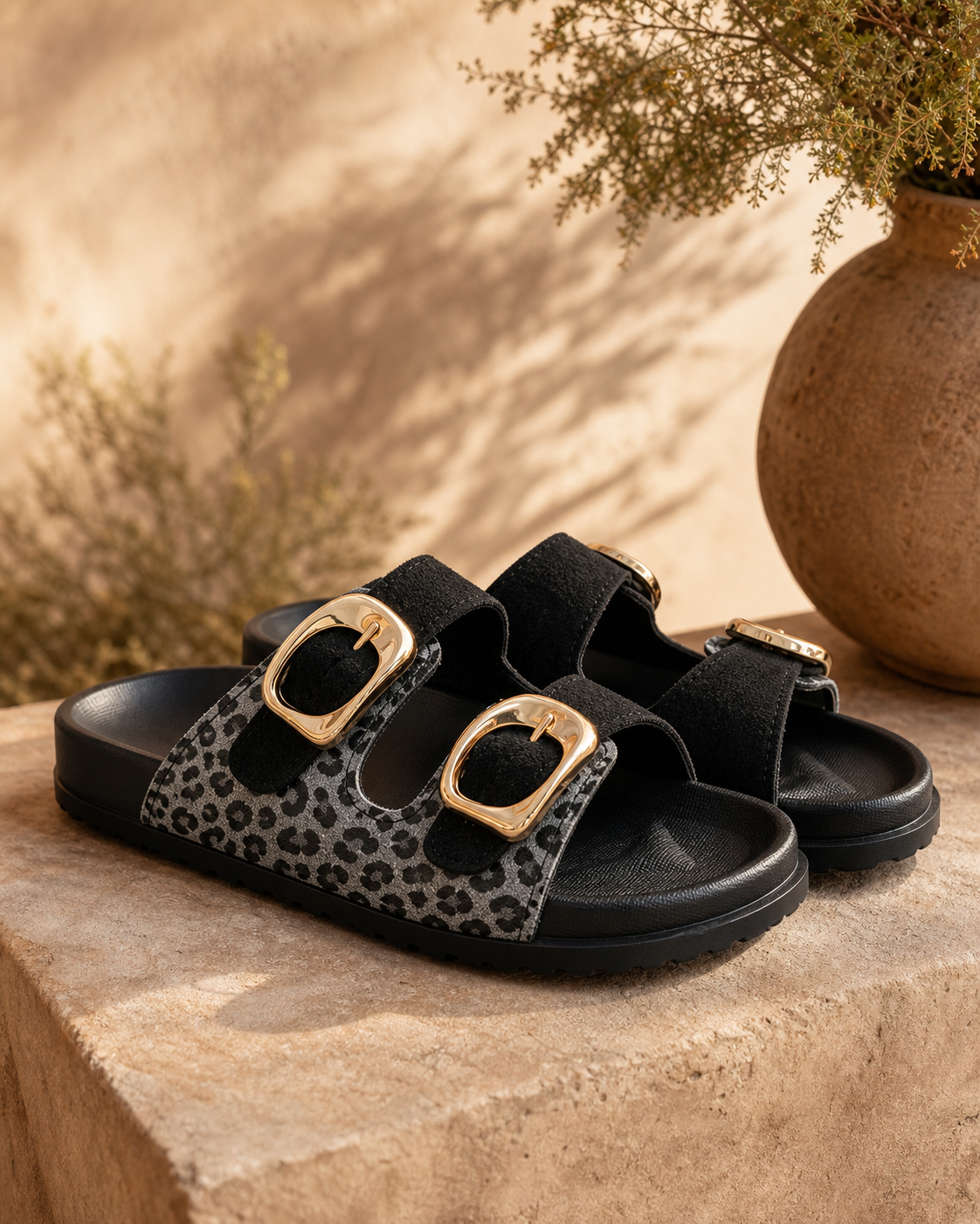 Safari Gold Double-Buckle Sandal — Black — studio view