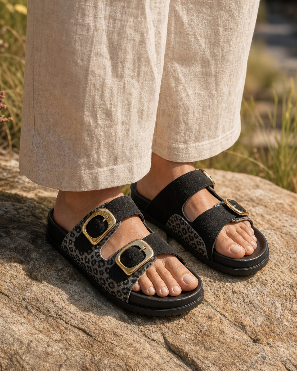 Safari Gold Double-Buckle Sandal — Black — lifestyle view