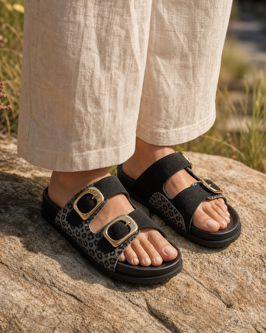 Safari Gold Double-Buckle Sandal — Black — lifestyle view