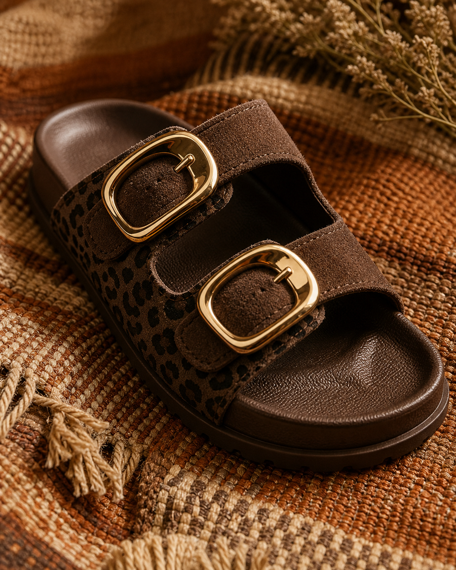Safari Gold Double-Buckle Sandal — Dark Brown — detail view