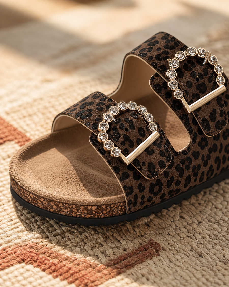Umber Leopard Crystal Sandal — detail view