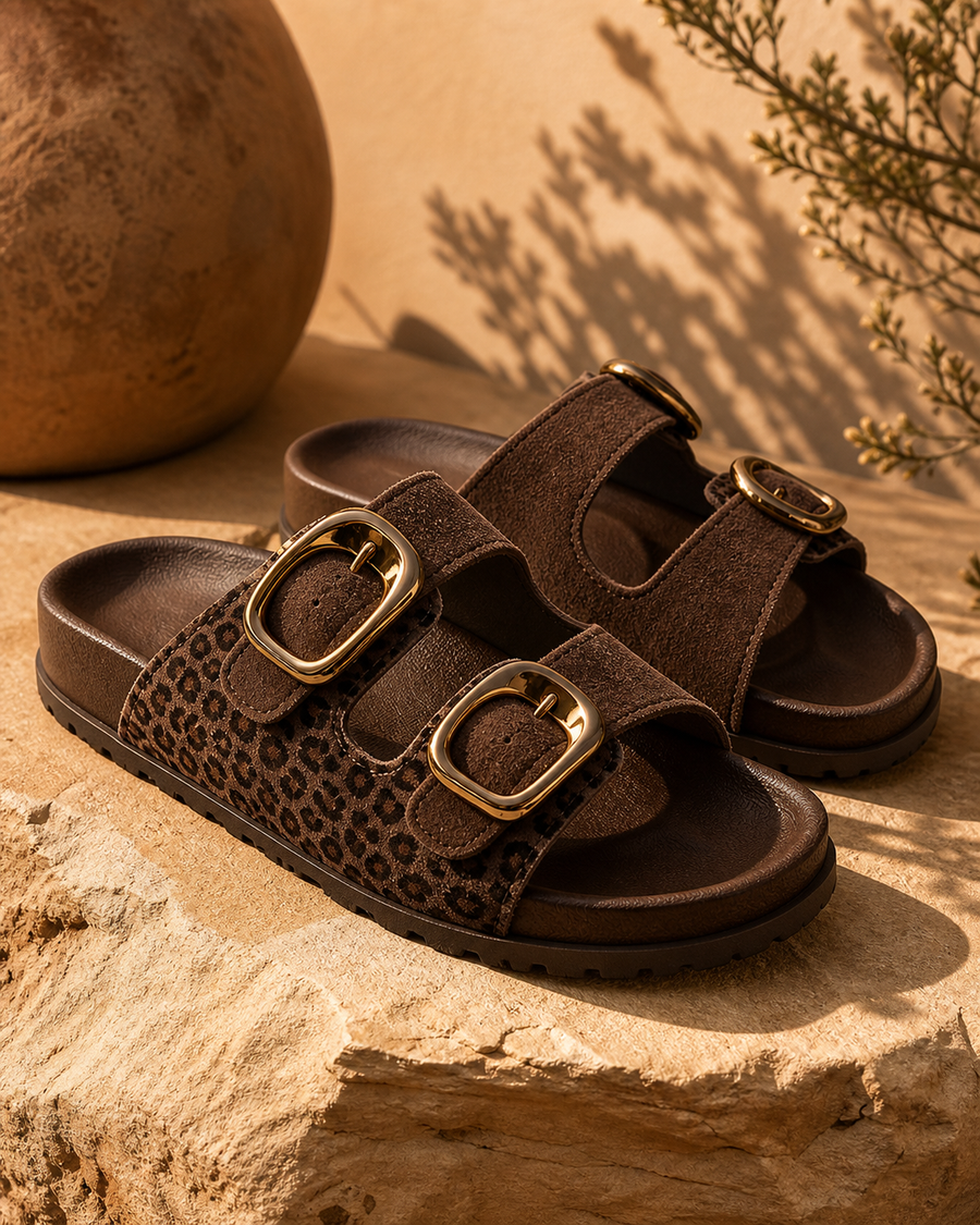 Safari Gold Double-Buckle Sandal — Dark Brown — studio view