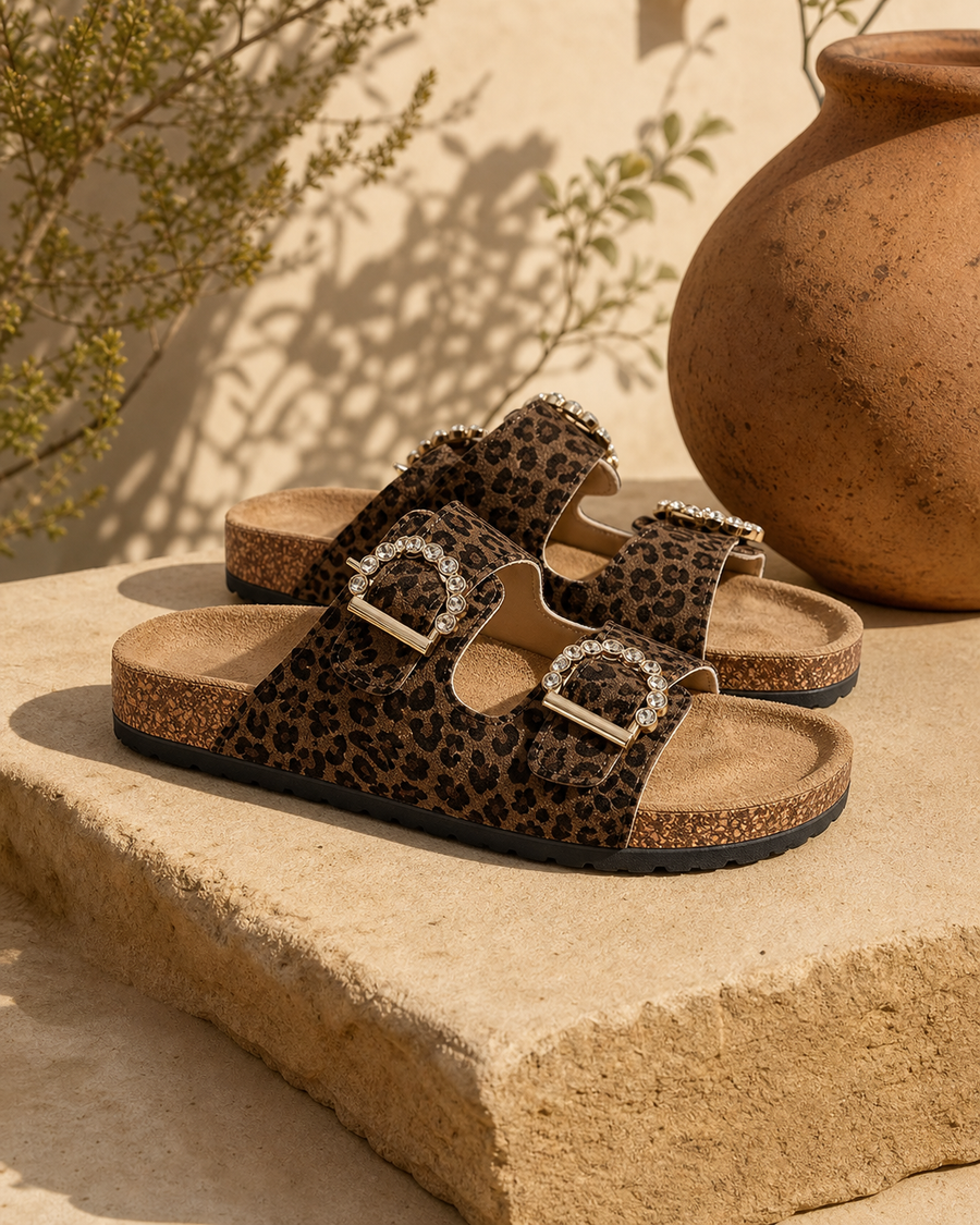 Umber Leopard Crystal Sandal — studio view