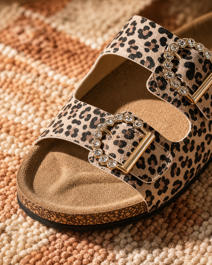 Copper Leopard Crystal Sandal — Off-White — detail view