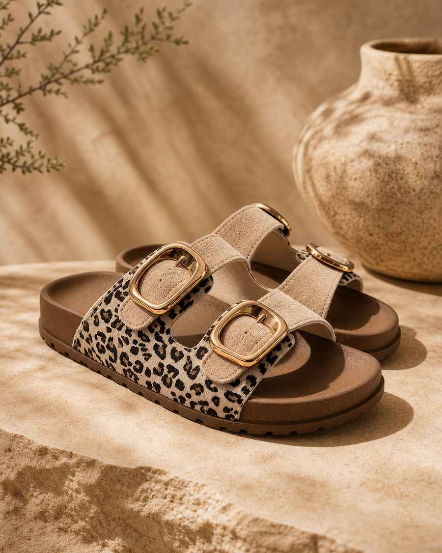 Safari Gold Double-Buckle Sandal — Off-White — studio view