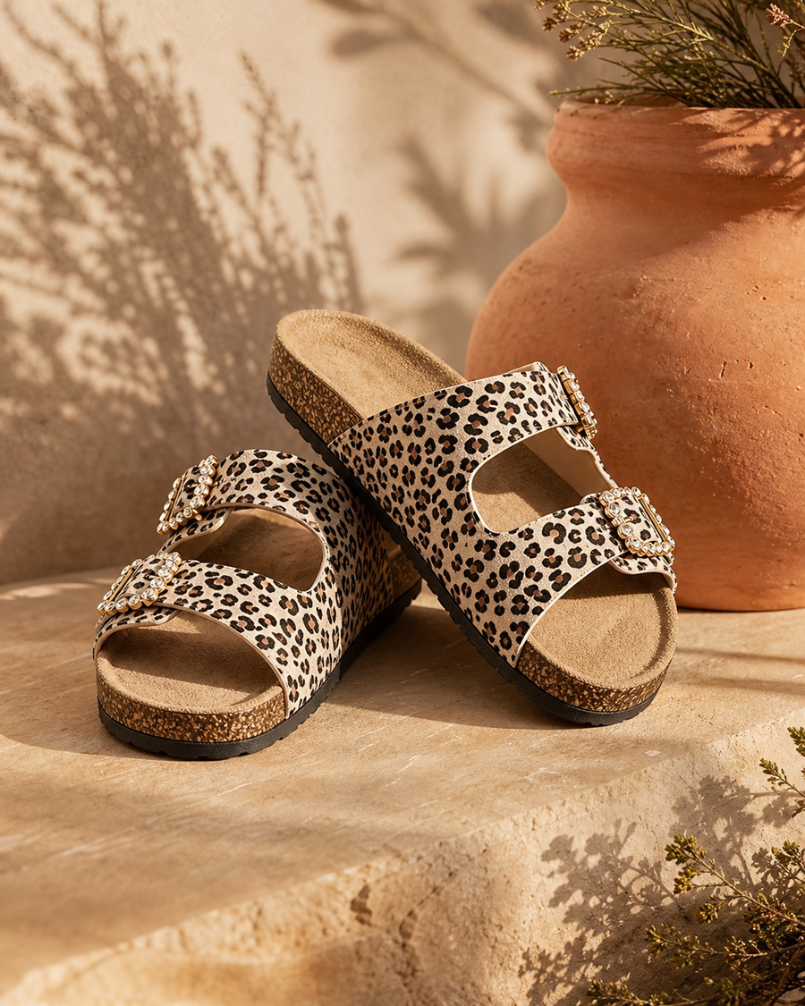 Copper Leopard Crystal Sandal — Off-White — studio view