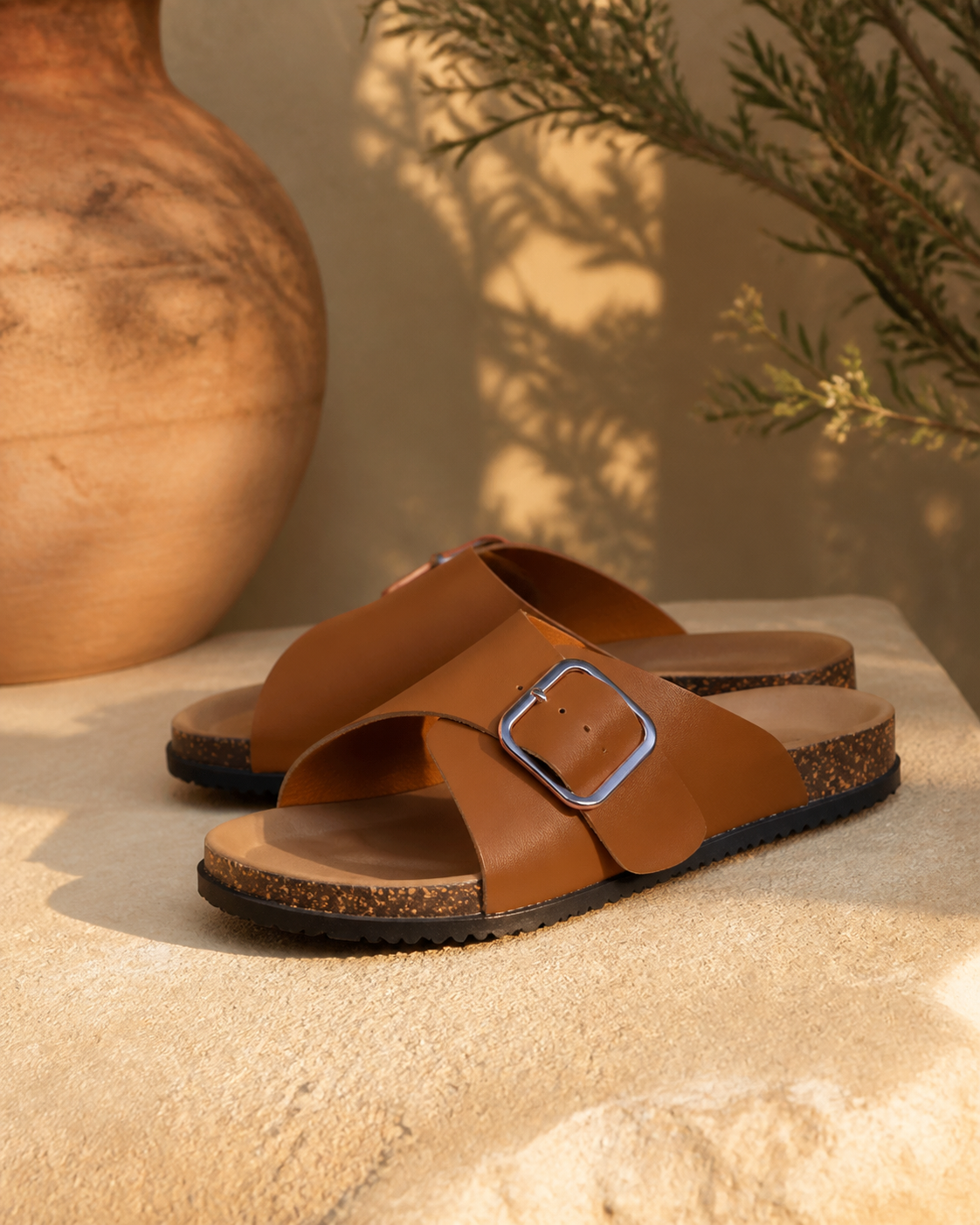 Kalahari One-Buckle Slide — Tan — studio view