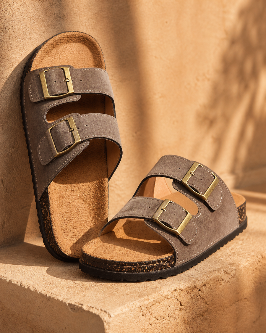 Dune Double-Strap Sandal — Taupe — studio view