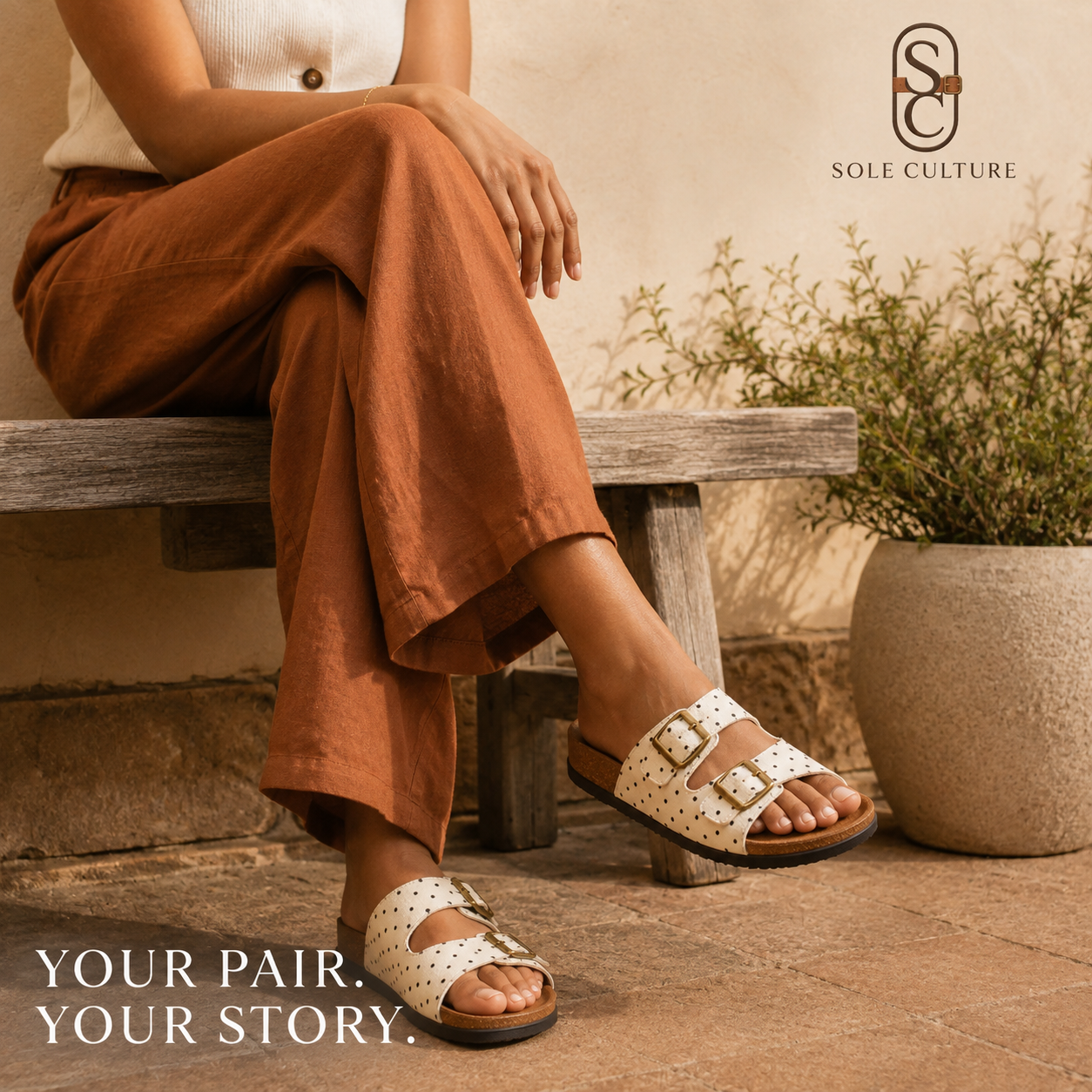 A woman wearing Sole Culture sandals in a warm, earthy setting